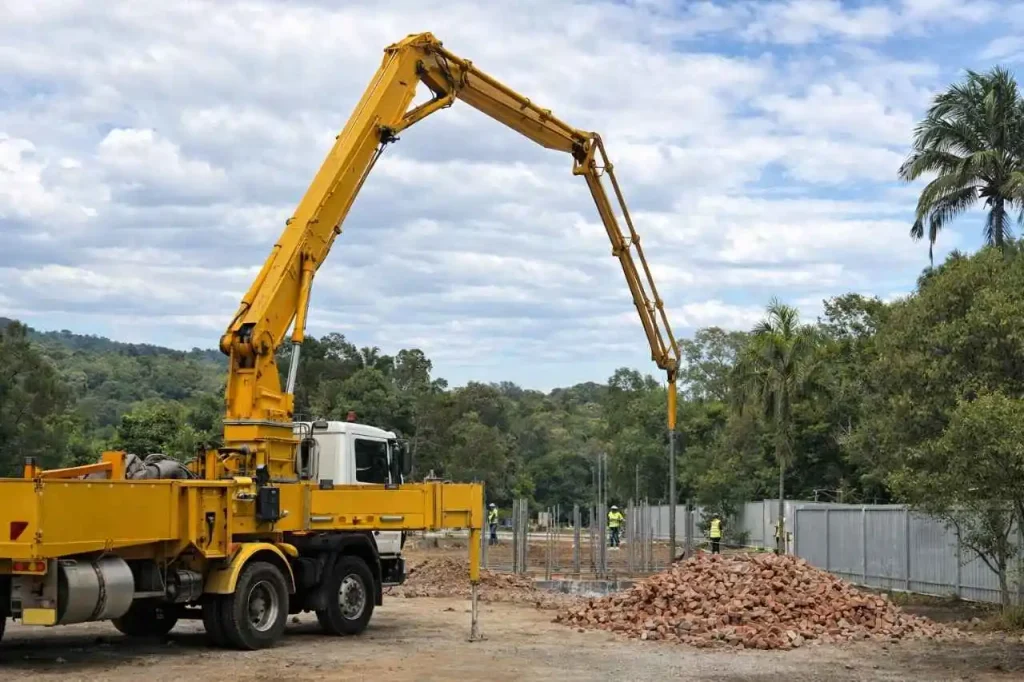 Truck-mounted crane installing steel posts during civil earthmoving project in Mickleham VIC construction site.