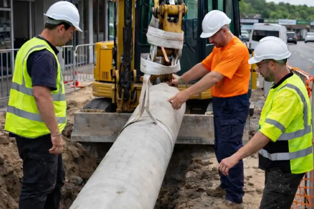 Demolition crew installing large concrete drainage pipe during civil works project in Camberwell Victoria.