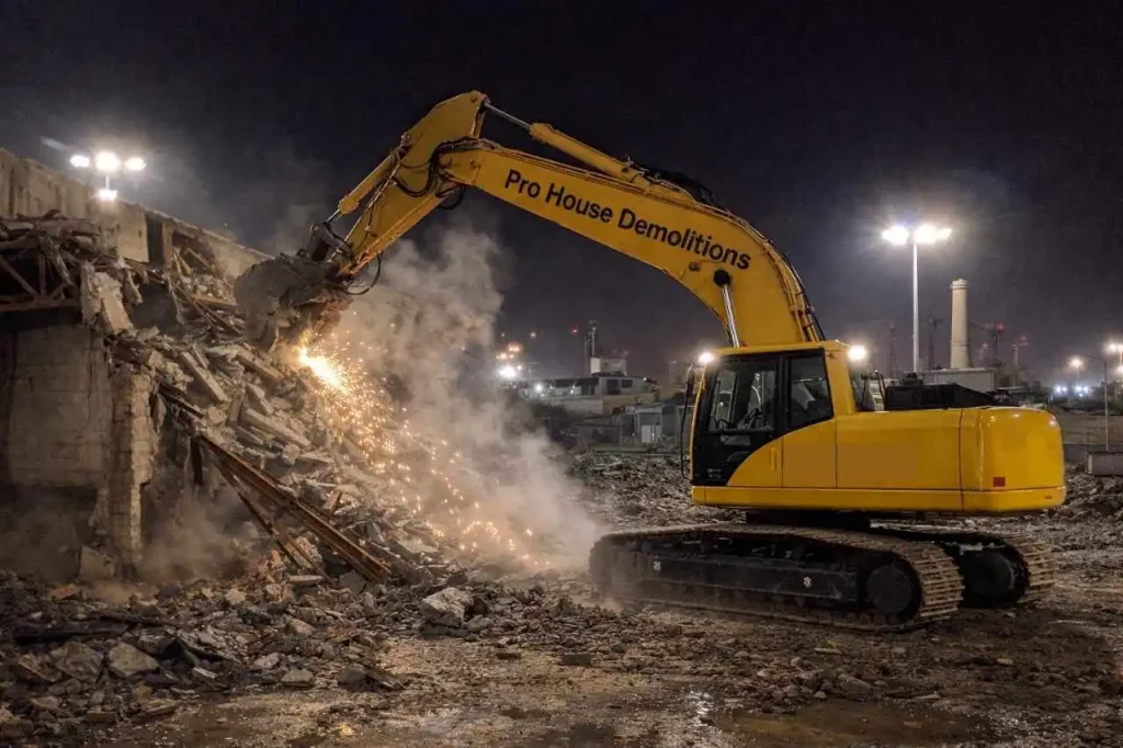Excavator demolishing industrial site