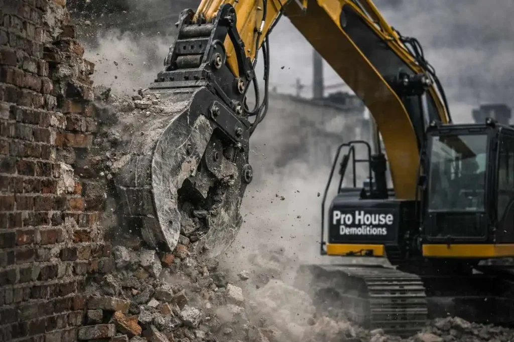 Excavator demolishing industrial site